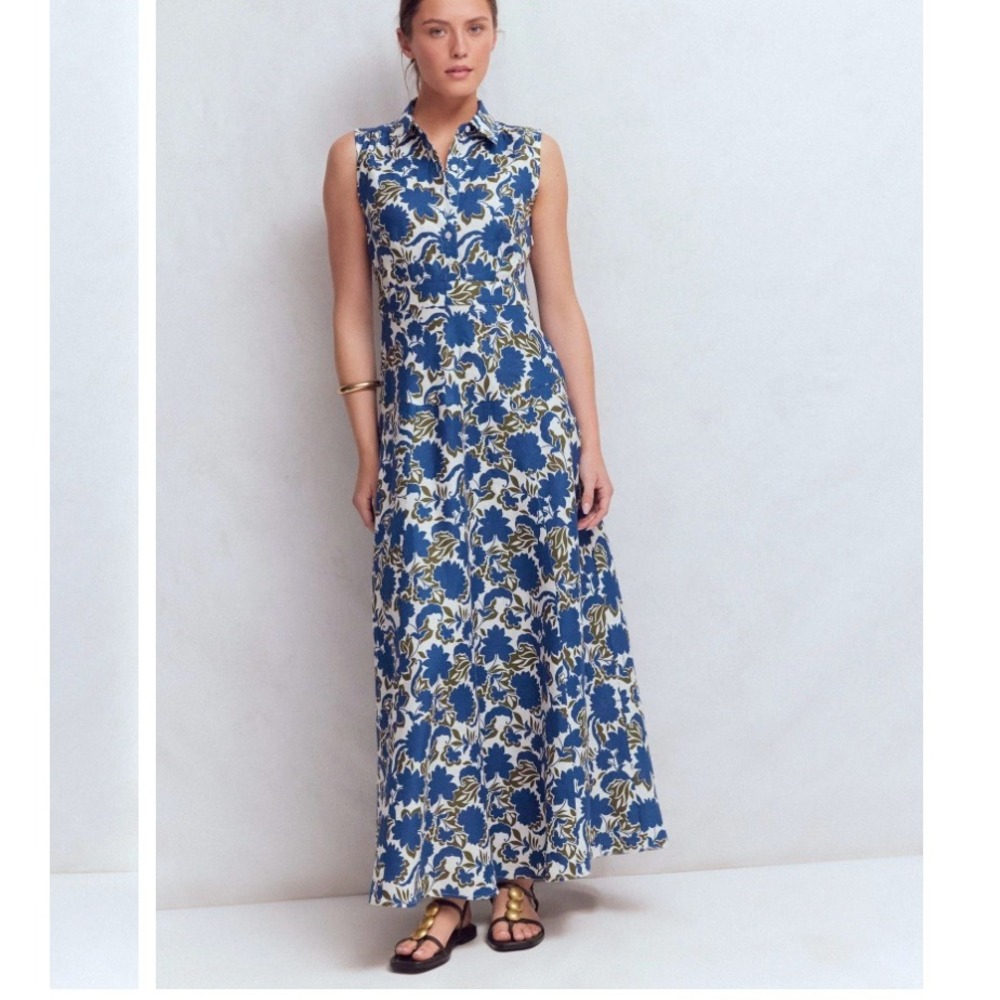Boden Linen Drop Waist Midi Dress Womens 12P Blue Floral Sleeveless Button Front